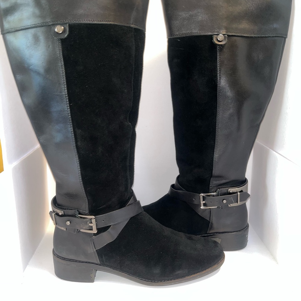 Vince Camuto Black Leather and Suede Over the Knee Boots